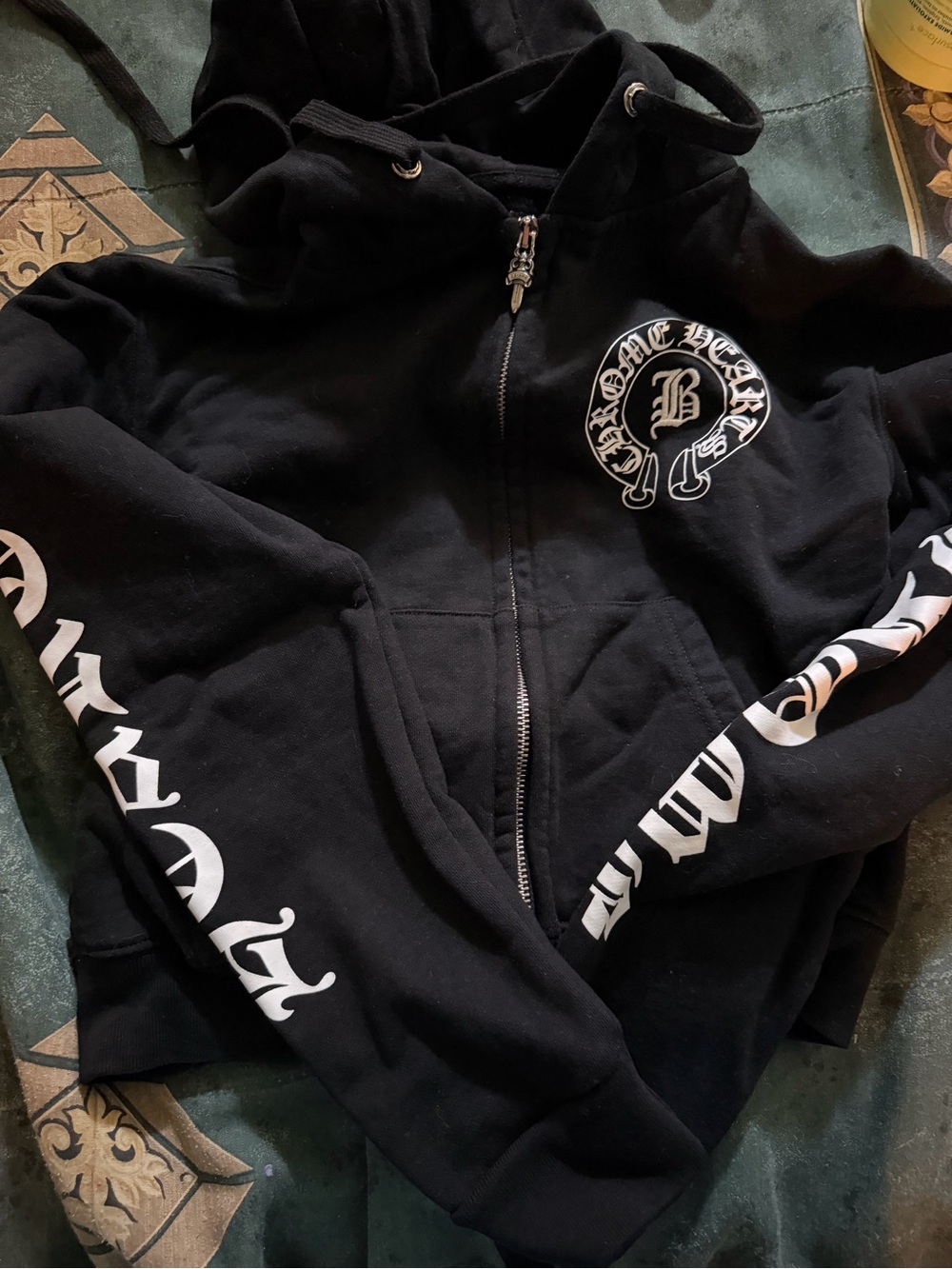 Chrome Hearts women Black Zip-Up Hoodie with White logo